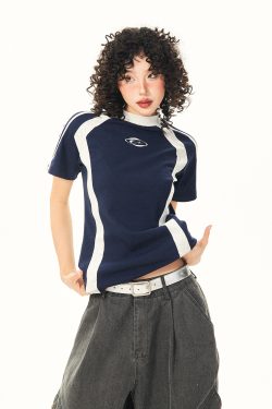 Color-Blocked Short-Sleeve Crop Top for Women - American Retro Slim-Fit Summer T-Shirt