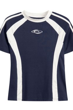 Color-Blocked Short-Sleeve Crop Top for Women - American Retro Slim-Fit Summer T-Shirt