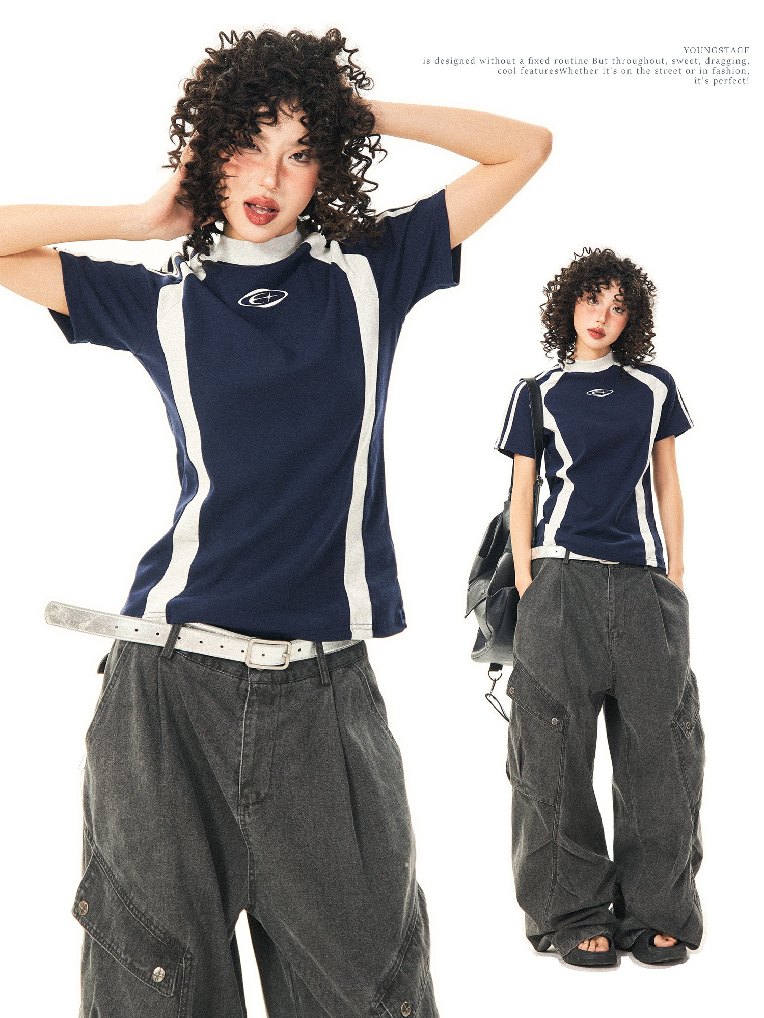 Color-Blocked Short-Sleeve Crop Top for Women - American Retro Slim-Fit Summer T-Shirt Color-Blocked Short-Sleeve Crop Top for Women - American Retro Slim-Fit Summer T-Shirt