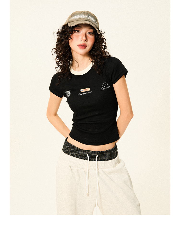 Color-Blocked Short Sleeve T-Shirt for Women - Retro Summer Slim-Fit Cropped Top, Casual 90s Sports Style Color-Blocked Short Sleeve T-Shirt for Women - Retro Summer Slim-Fit Cropped Top, Casual 90s Sports Style