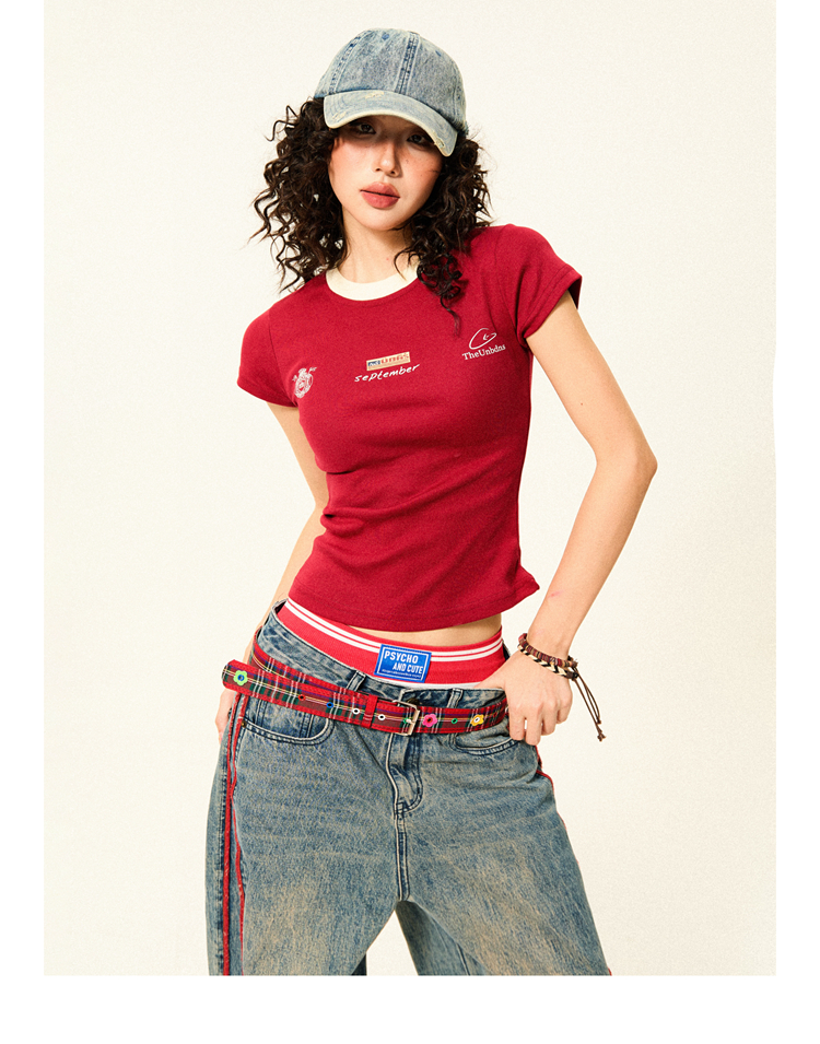 Color-Blocked Short Sleeve T-Shirt for Women - Retro Summer Slim-Fit Cropped Top, Casual 90s Sports Style Color-Blocked Short Sleeve T-Shirt for Women - Retro Summer Slim-Fit Cropped Top, Casual 90s Sports Style