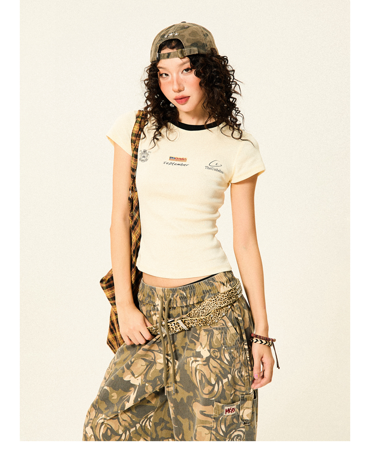 Color-Blocked Short Sleeve T-Shirt for Women - Retro Summer Slim-Fit Cropped Top, Casual 90s Sports Style Color-Blocked Short Sleeve T-Shirt for Women - Retro Summer Slim-Fit Cropped Top, Casual 90s Sports Style