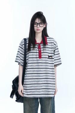 Color-Blocked Striped Polo Shirt for Women - Loose Fit Short Sleeve American College Style T-Shirt