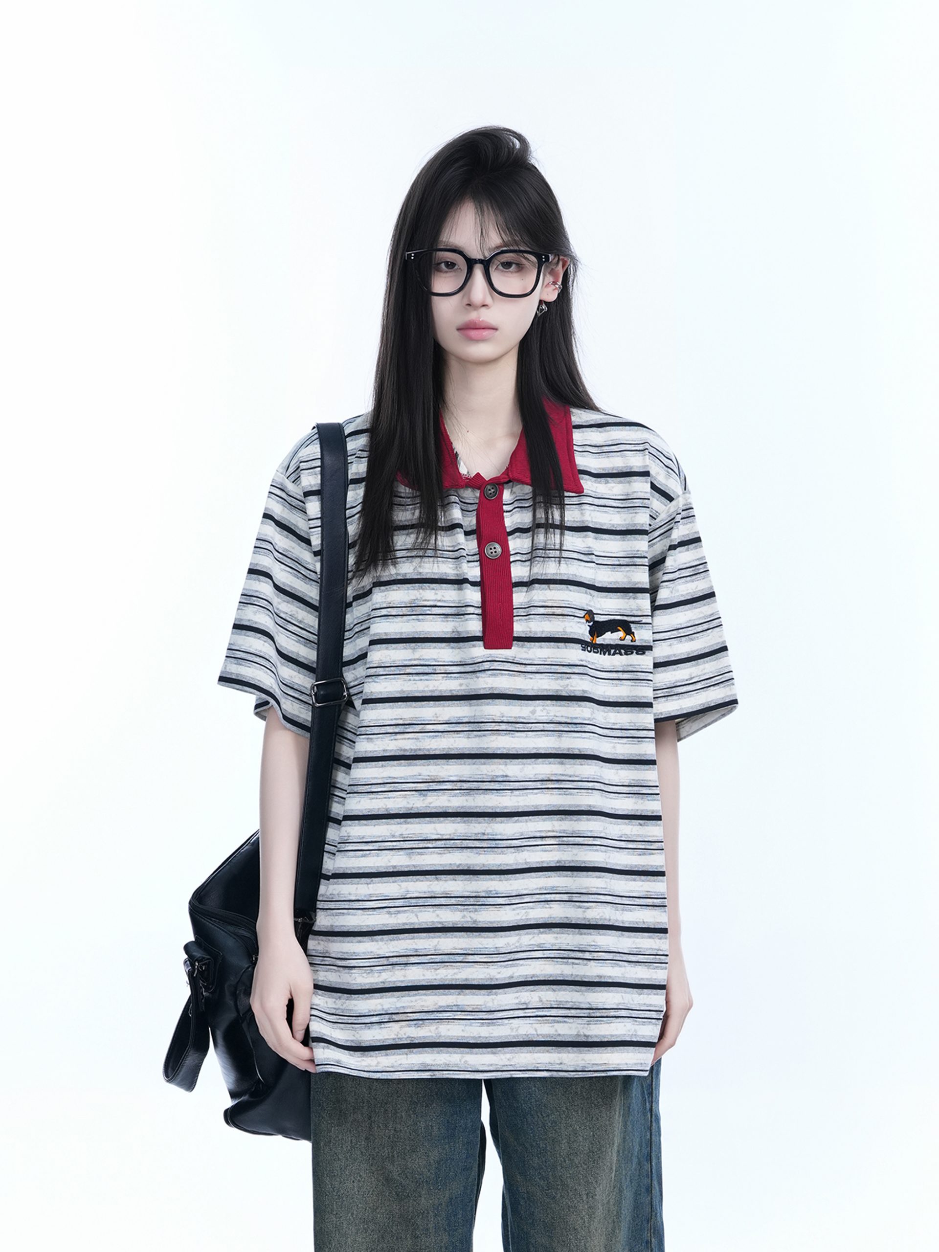 Color-Blocked Striped Polo Shirt for Women - Loose Fit Short Sleeve American College Style T-Shirt Color-Blocked Striped Polo Shirt for Women - Loose Fit Short Sleeve American College Style T-Shirt