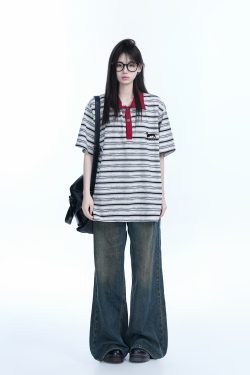 Color-Blocked Striped Polo Shirt for Women - Loose Fit Short Sleeve American College Style T-Shirt