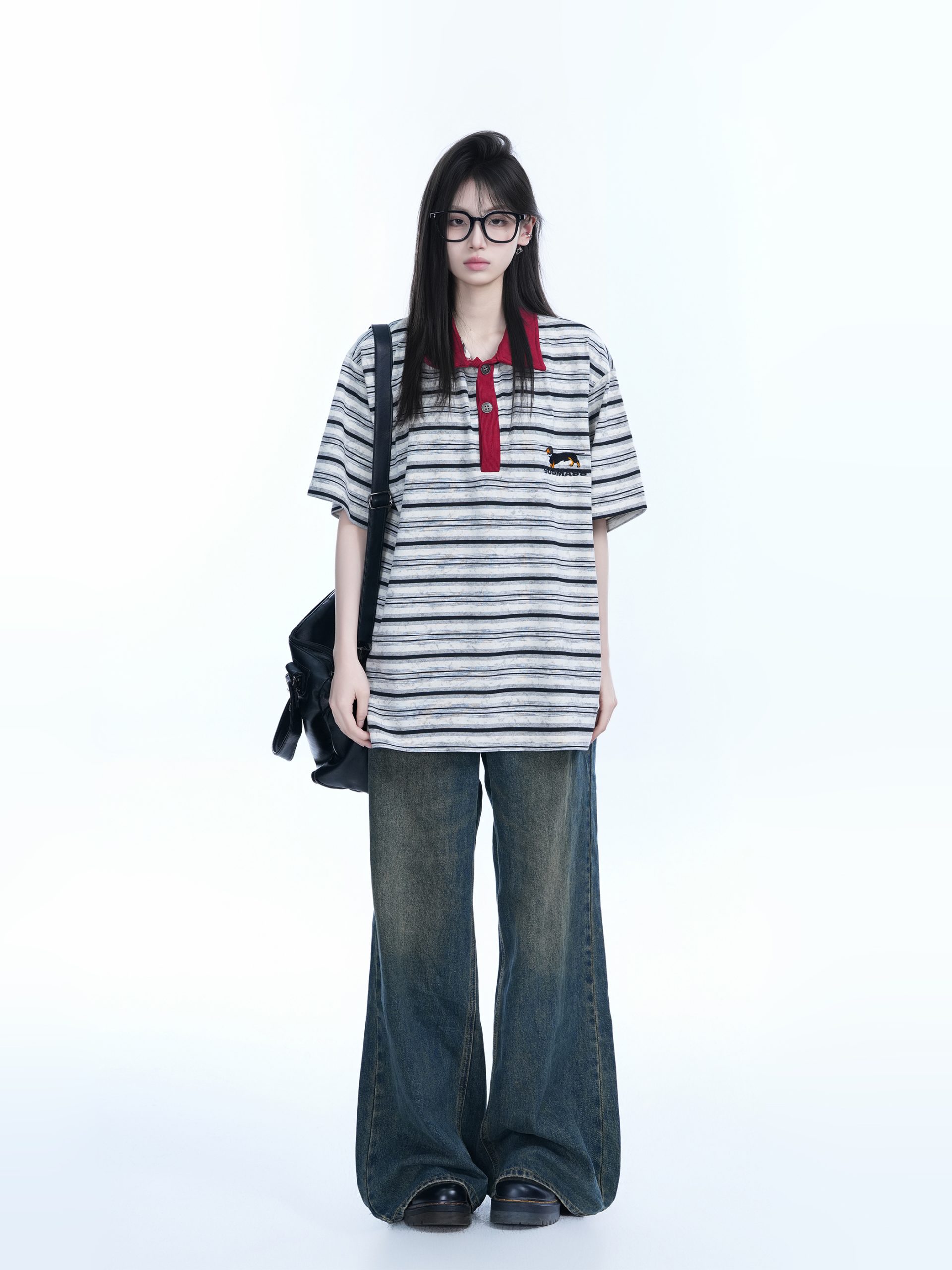 Color-Blocked Striped Polo Shirt for Women - Loose Fit Short Sleeve American College Style T-Shirt Color-Blocked Striped Polo Shirt for Women - Loose Fit Short Sleeve American College Style T-Shirt