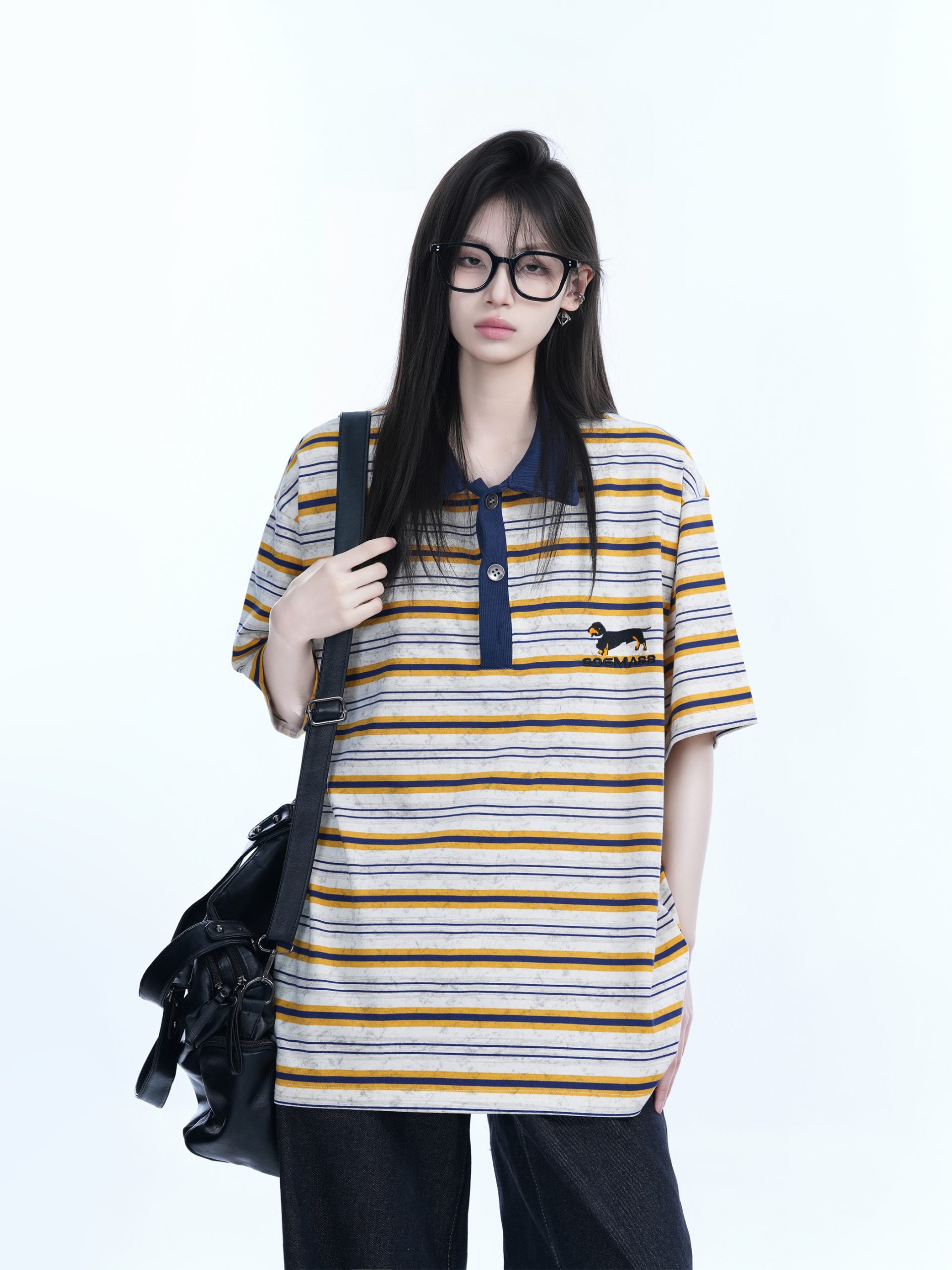 Color-Blocked Striped Polo Shirt for Women - Loose Fit Short Sleeve American College Style T-Shirt Color-Blocked Striped Polo Shirt for Women - Loose Fit Short Sleeve American College Style T-Shirt