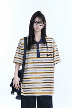 Color-Blocked Striped Polo Shirt for Women - Loose Fit Short Sleeve American College Style T-Shirt
