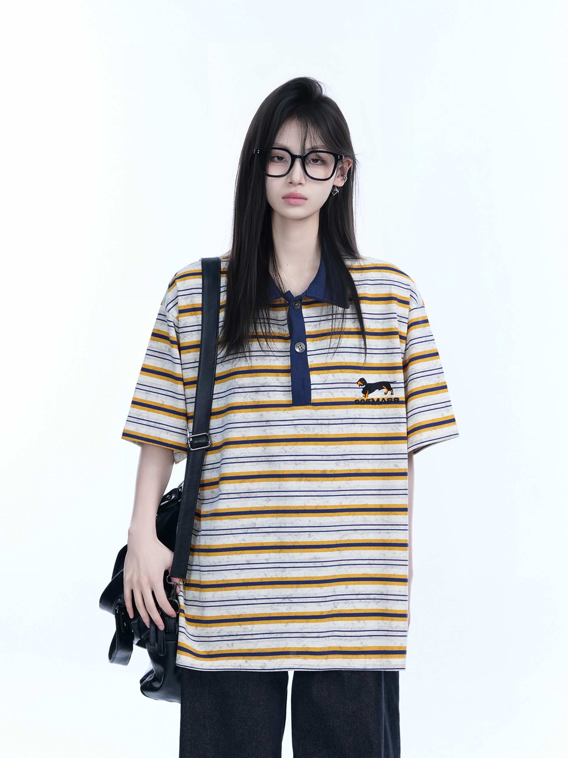 Color-Blocked Striped Polo Shirt for Women - Loose Fit Short Sleeve American College Style T-Shirt Color-Blocked Striped Polo Shirt for Women - Loose Fit Short Sleeve American College Style T-Shirt