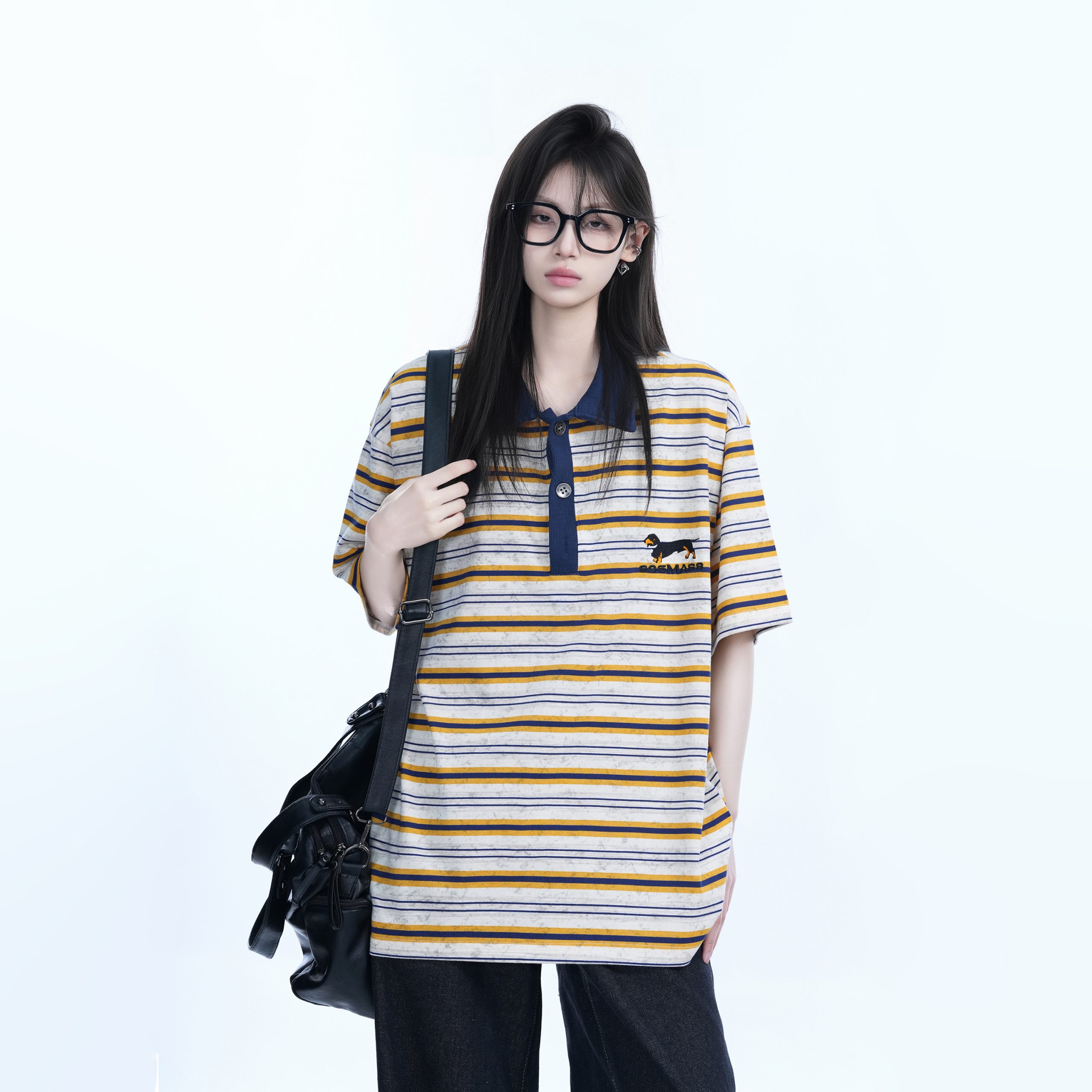 Color-Blocked Striped Polo Shirt for Women - Loose Fit Short Sleeve American College Style T-Shirt Color-Blocked Striped Polo Shirt for Women - Loose Fit Short Sleeve American College Style T-Shirt