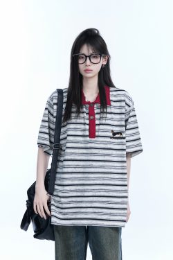 Color-Blocked Striped Polo Shirt for Women - Loose Fit Short Sleeve American College Style T-Shirt