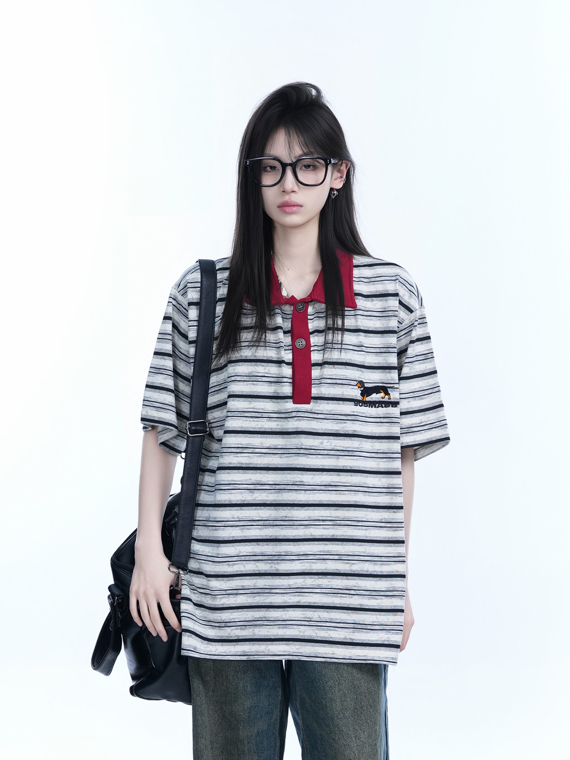 Color-Blocked Striped Polo Shirt for Women - Loose Fit Short Sleeve American College Style T-Shirt Color-Blocked Striped Polo Shirt for Women - Loose Fit Short Sleeve American College Style T-Shirt