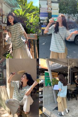 Color-Blocked Striped Short-Sleeve T-Shirt for Women – Loose Slimming Round Neck Top in Petite Sizes, Spring Summer 2025 Fashion