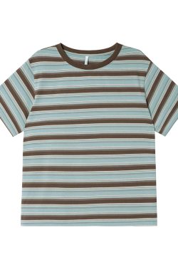 Color-Blocked Striped Short-Sleeve T-Shirt for Women – Loose Slimming Round Neck Top in Petite Sizes, Spring Summer 2025 Fashion