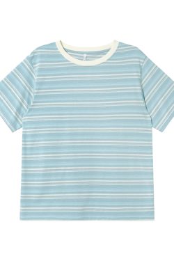 Color-Blocked Striped Short-Sleeve T-Shirt for Women – Loose Slimming Round Neck Top in Petite Sizes, Spring Summer 2025 Fashion