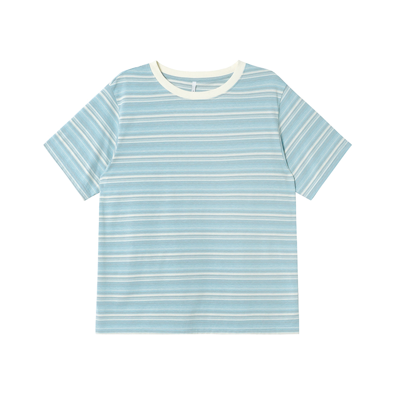 Color-Blocked Striped Short-Sleeve T-Shirt for Women – Loose Slimming Round Neck Top in Petite Sizes, Spring Summer 2025 Fashion Color-Blocked Striped Short-Sleeve T-Shirt for Women – Loose Slimming Round Neck Top in Petite Sizes, Spring Summer 2025 Fashion