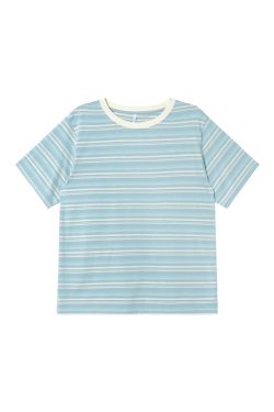Color-Blocked Striped Short-Sleeve T-Shirt for Women – Loose Slimming Round Neck Top in Petite Sizes, Spring Summer 2025 Fashion