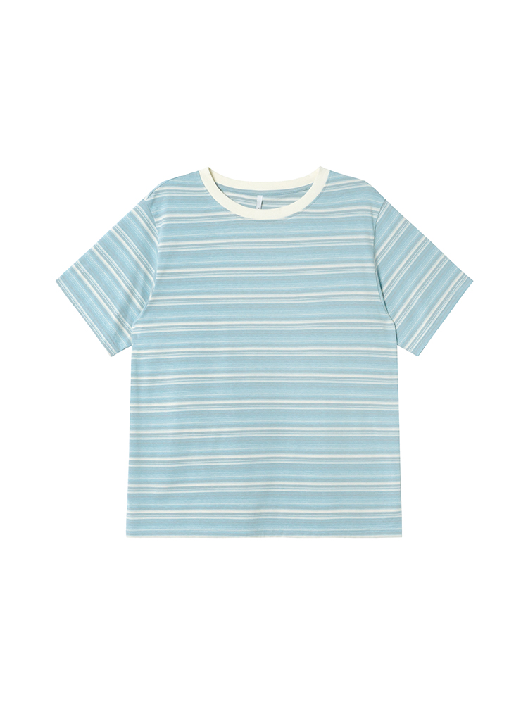 Color-Blocked Striped Short-Sleeve T-Shirt for Women – Loose Slimming Round Neck Top in Petite Sizes, Spring Summer 2025 Fashion Color-Blocked Striped Short-Sleeve T-Shirt for Women – Loose Slimming Round Neck Top in Petite Sizes, Spring Summer 2025 Fashion