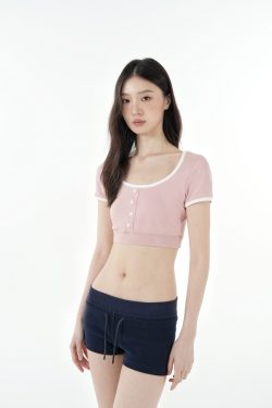 Color-Blocked U-Neck Cropped Elastic Short-Sleeve Top - Trendy Y2K Style for Effortless Summer Looks