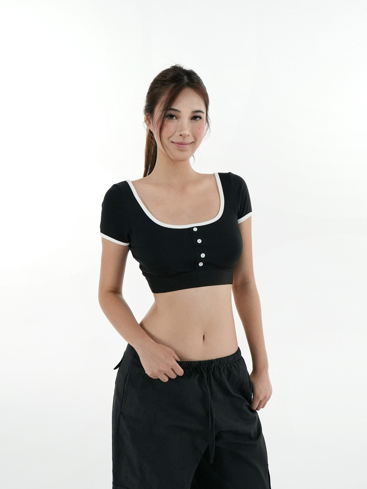 Color-Blocked U-Neck Cropped Elastic Short-Sleeve Top - Trendy Y2K Style for Effortless Summer Looks Color-Blocked U-Neck Cropped Elastic Short-Sleeve Top - Trendy Y2K Style for Effortless Summer Looks