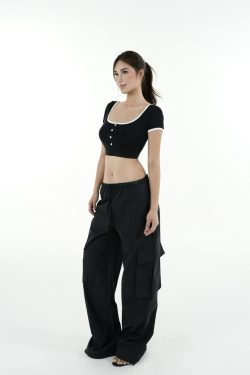 Color-Blocked U-Neck Cropped Elastic Short-Sleeve Top - Trendy Y2K Style for Effortless Summer Looks