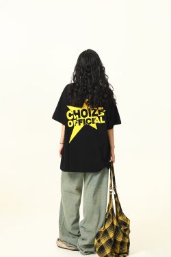 Color-Blocking American Street Star Print Short-Sleeve T-Shirt for Men and Women - Trendy Loose Fit Couple Top