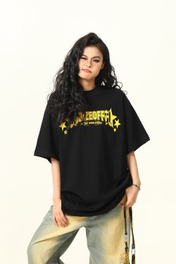 Color-Blocking American Street Star Print Short-Sleeve T-Shirt for Men and Women - Trendy Loose Fit Couple Top