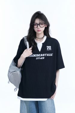 Color-Blocking Faux Two-Piece V-Neck Short Sleeve T-Shirt for Women - Waffle Texture, Loose Fit, College Style, Casual Fashion