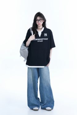 Color-Blocking Faux Two-Piece V-Neck Short Sleeve T-Shirt for Women - Waffle Texture, Loose Fit, College Style, Casual Fashion