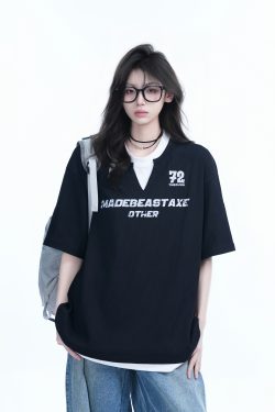 Color-Blocking Faux Two-Piece V-Neck Short Sleeve T-Shirt for Women - Waffle Texture, Loose Fit, College Style, Casual Fashion