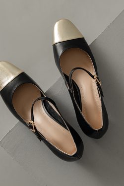 Color-Blocking Genuine Leather Mary Jane Shoes for Women - French Artistic Style, Medium Heel, Round Toe, Chic and Elegant