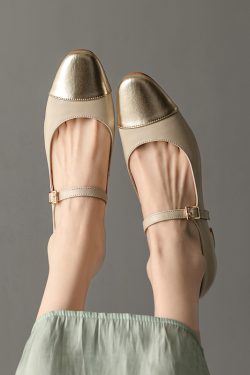 Color-Blocking Genuine Leather Mary Jane Shoes for Women - French Artistic Style, Medium Heel, Round Toe, Chic and Elegant