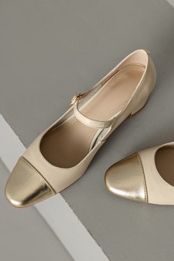 Color-Blocking Genuine Leather Mary Jane Shoes for Women - French Artistic Style, Medium Heel, Round Toe, Chic and Elegant