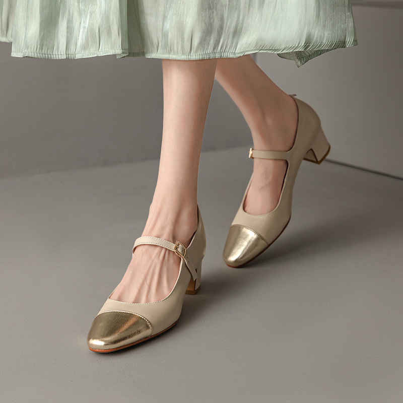 Color-Blocking Genuine Leather Mary Jane Shoes for Women - French Artistic Style, Medium Heel, Round Toe, Chic and Elegant Color-Blocking Genuine Leather Mary Jane Shoes for Women - French Artistic Style, Medium Heel, Round Toe, Chic and Elegant