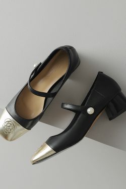 Color-Blocking Leather Mary Jane Shoes for Women - Artistic Camellia Design, Square-Toe, Mid-Heel - Spring Fashion