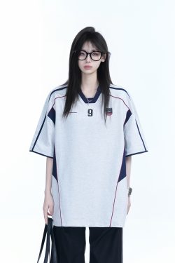 Color-Blocking Oversized Short-Sleeve T-Shirt for Women - Retro American Style, Summer Loose Fit, Trendy Mountain Graphic Design