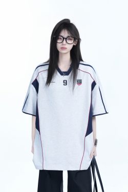 Color-Blocking Oversized Short-Sleeve T-Shirt for Women - Retro American Style, Summer Loose Fit, Trendy Mountain Graphic Design