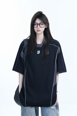 Color-Blocking Oversized Short-Sleeve T-Shirt for Women - Retro American Style, Summer Loose Fit, Trendy Mountain Graphic Design