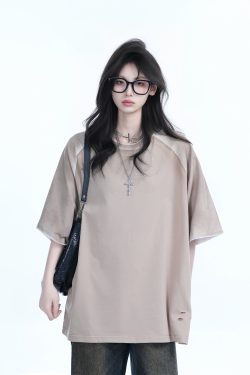 Color-Blocking Raglan T-Shirt for Women - Oversized Loose Fit Short Sleeve Tee with American Sports Style, Casual Trendy Look