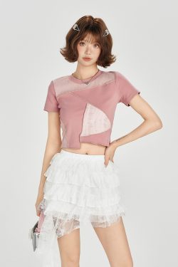 Color-Blocking Short Sleeve T-Shirt for Women - Retro Patchwork Split Design, Summer 90s Style Top