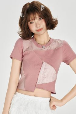 Color-Blocking Short Sleeve T-Shirt for Women - Retro Patchwork Split Design, Summer 90s Style Top