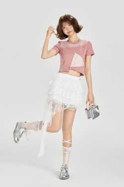 Color-Blocking Short Sleeve T-Shirt for Women - Retro Patchwork Split Design, Summer 90s Style Top