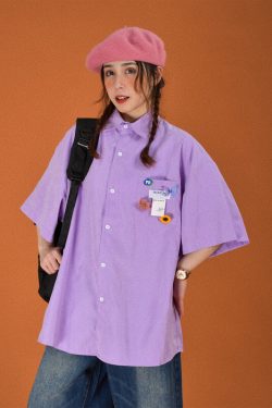 Colorful Candy Color Short Sleeve Shirt for Couples - Versatile Loose Fit Half Sleeve Top - Trendy Multi-Dopamine Style