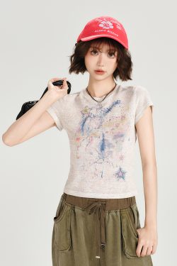 Colorful Dot Print Short Sleeve T-Shirt for Women - American Retro Style, Round Neck, Slim Fit, Summer Fashion Top