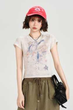 Colorful Dot Print Short Sleeve T-Shirt for Women - American Retro Style, Round Neck, Slim Fit, Summer Fashion Top