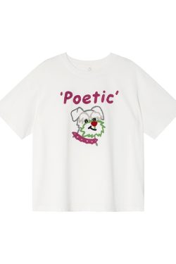 Colorful Embroidered Dog T-Shirt for Women - Summer Loose Fit Pure Cotton Short Sleeve Top, Cute and Fun Pet Lover Style