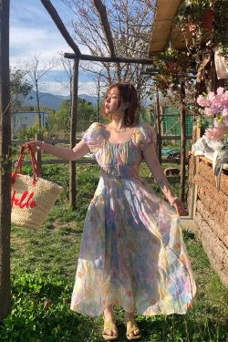 Colorful Floral Butterfly Short Sleeve Dress – Women's Summer Puff Sleeve A-Line Vintage Style Oil Painting Dress