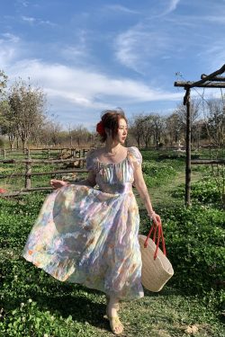 Colorful Floral Butterfly Short Sleeve Dress – Women's Summer Puff Sleeve A-Line Vintage Style Oil Painting Dress