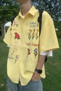 Colorful Floral Embroidered Waffle Short-Sleeve Shirt for Men and Women - American Retro Casual Loose Fit Summer Style