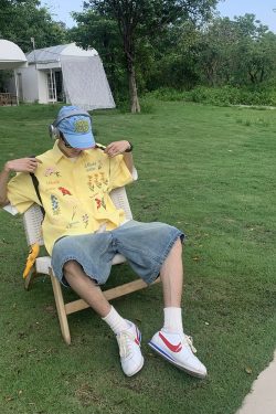 Colorful Floral Embroidered Waffle Short-Sleeve Shirt for Men and Women - American Retro Casual Loose Fit Summer Style